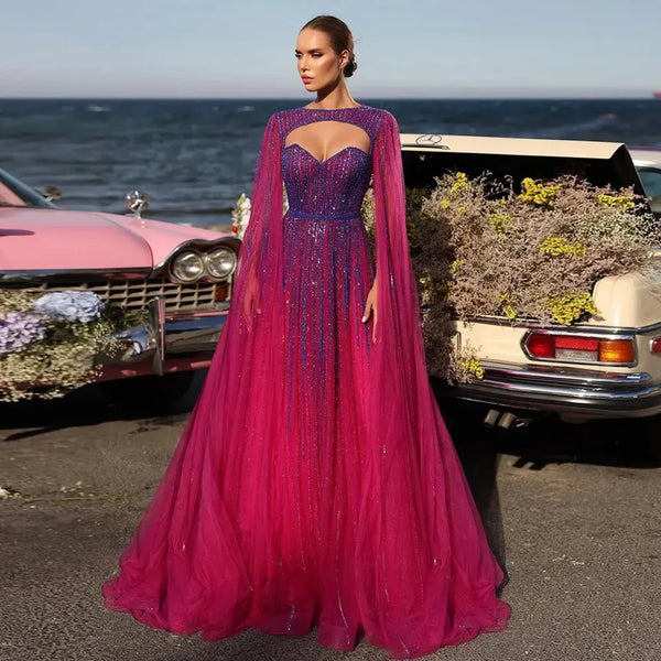 Luxury Dubai Fuchsia Evening Dress with Cape Sleeves LA72433