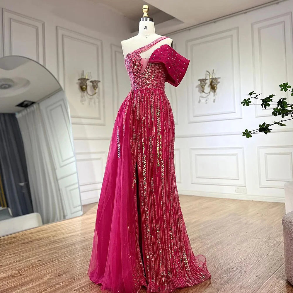 Serene Hill Arabic Fuchsia One Shoulder Blue Beaded Luxury Dubai Evening Gowns with Side Skirt for Women&