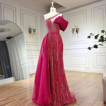 Serene Hill Arabic Fuchsia One Shoulder Blue Beaded Luxury Dubai Evening Gowns with Side Skirt for Women&