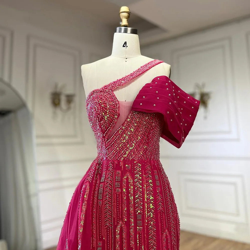 Serene Hill Arabic Fuchsia One Shoulder Blue Beaded Luxury Dubai Evening Gowns with Side Skirt for Women&
