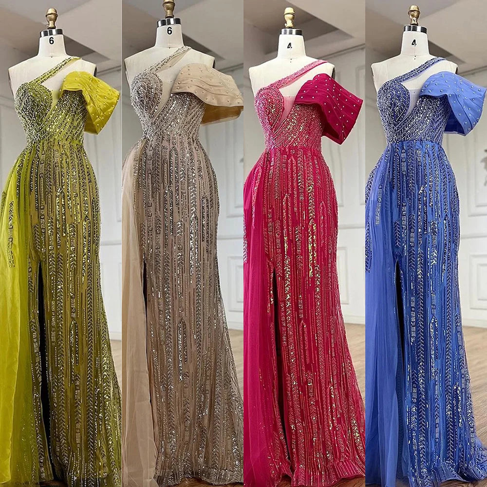 Serene Hill Arabic Fuchsia One Shoulder Blue Beaded Luxury Dubai Evening Gowns with Side Skirt for Women&