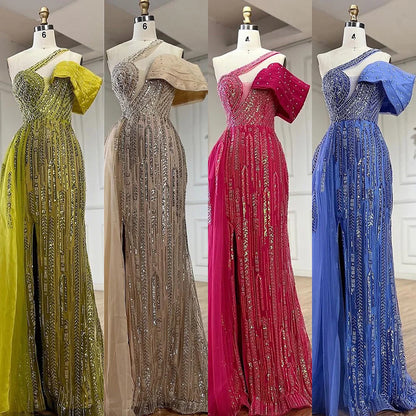 Serene Hill Arabic Fuchsia One Shoulder Blue Beaded Luxury Dubai Evening Gowns with Side Skirt for Women&