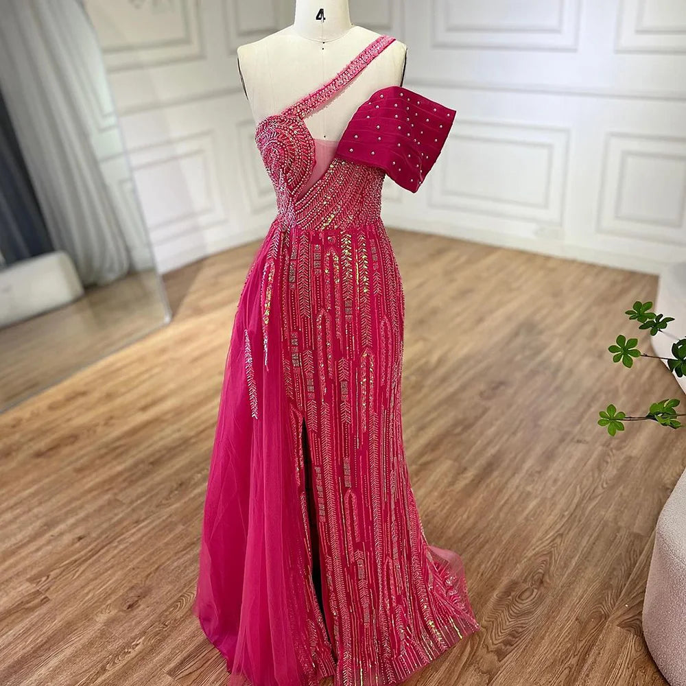 Serene Hill Arabic Fuchsia One Shoulder Blue Beaded Luxury Dubai Evening Gowns with Side Skirt for Women&
