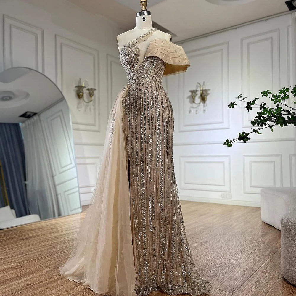 Serene Hill Arabic Fuchsia One Shoulder Blue Beaded Luxury Dubai Evening Gowns with Side Skirt for Women&