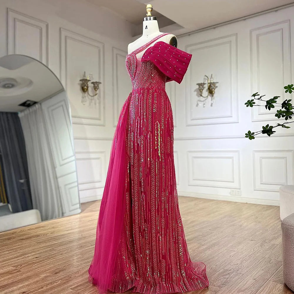 Serene Hill Arabic Fuchsia One Shoulder Blue Beaded Luxury Dubai Evening Gowns with Side Skirt for Women&