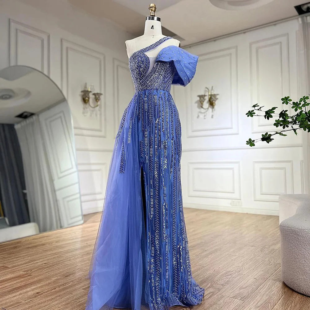 Serene Hill Arabic Fuchsia One Shoulder Blue Beaded Luxury Dubai Evening Gowns with Side Skirt for Women&