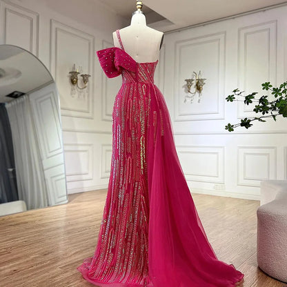 Serene Hill Arabic Fuchsia One Shoulder Blue Beaded Luxury Dubai Evening Gowns with Side Skirt for Women&