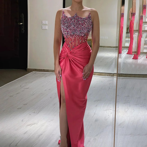 Serene Hill 2025 Arabic Fuchsia Side Split Beaded Mermaid Luxury Dubai Evening Gown for Women's Party LA72671