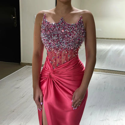 Serene Hill 2025 Arabic Fuchsia Side Split Beaded Mermaid Luxury Dubai Evening Gown for Women&