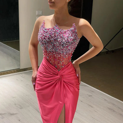 Serene Hill 2025 Arabic Fuchsia Side Split Beaded Mermaid Luxury Dubai Evening Gown for Women&