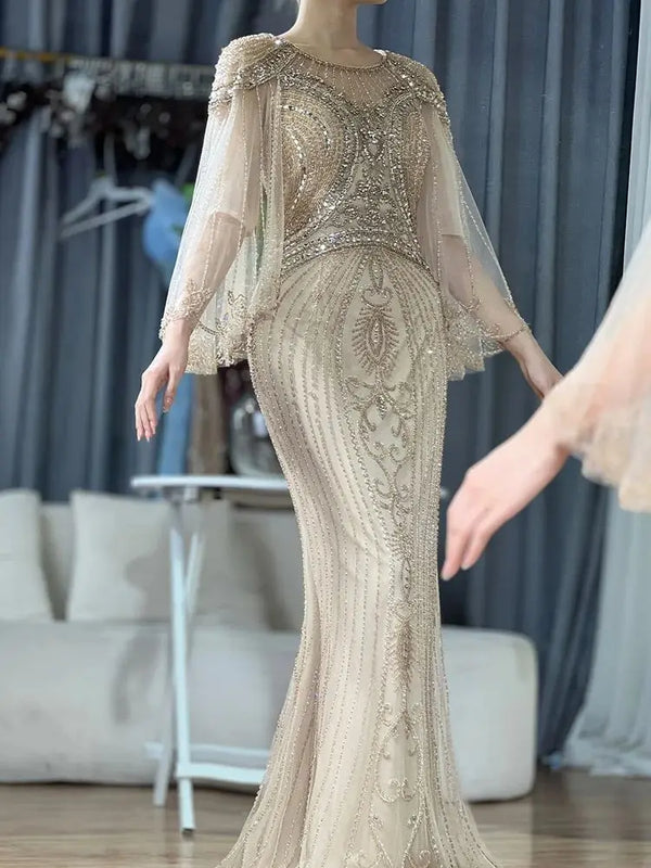 Luxury Dubai  Arabic Gold Elegant Mermaid Beaded Long Evening Dresses Gowns for Formal Occasion LA72749