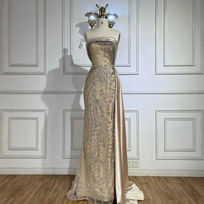 Serene Hill Arabic Nude Satin Mermaid Beaded Luxury Dubai Evening Gown with Side Skirt for Women&