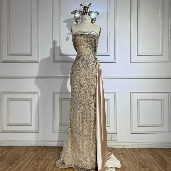 Serene Hill  Arabic Nude Satin Mermaid Beaded Luxury Dubai Evening Gown with Side Skirt for Women's Party LA72665