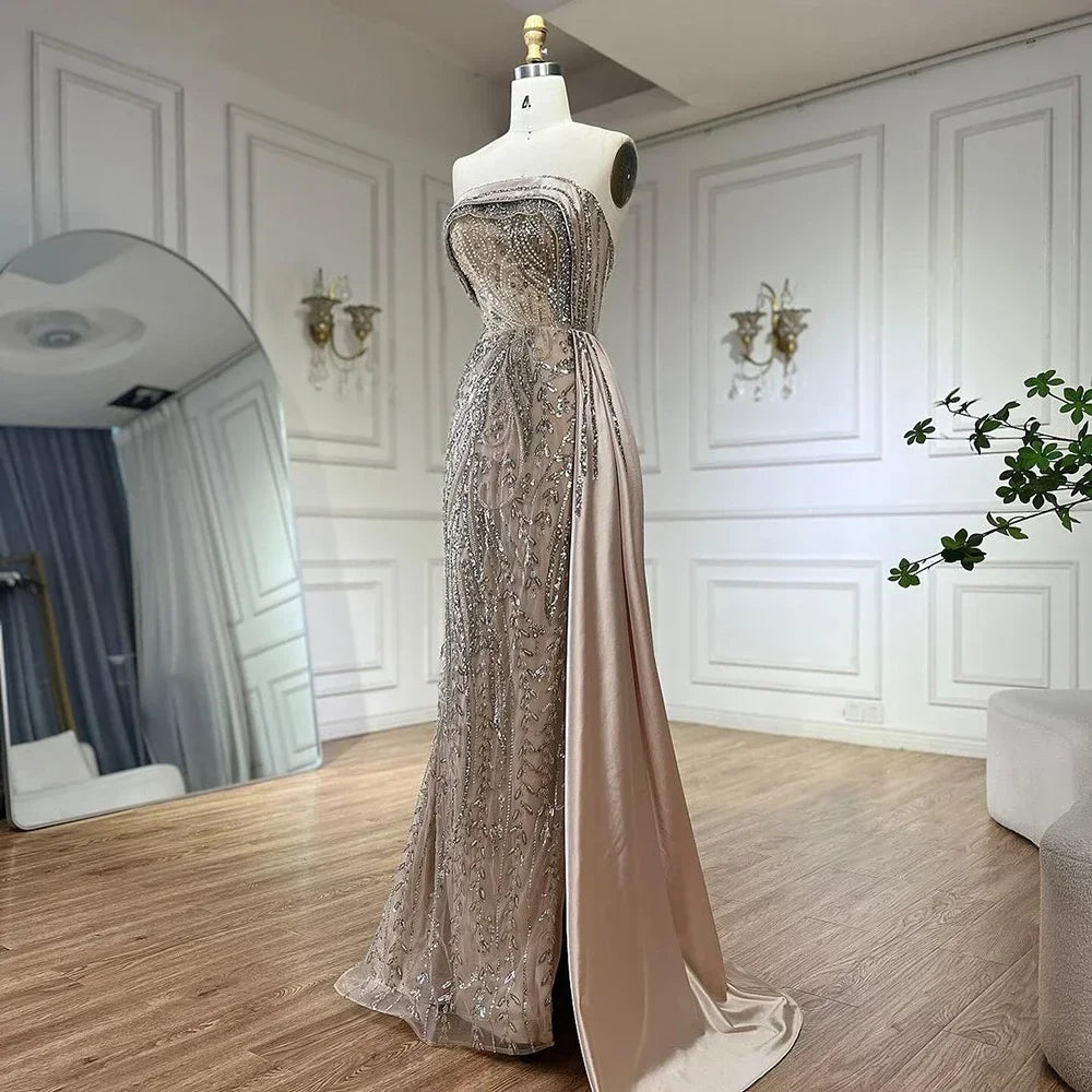 Serene Hill Arabic Nude Satin Mermaid Beaded Luxury Dubai Evening Gown with Side Skirt for Women&