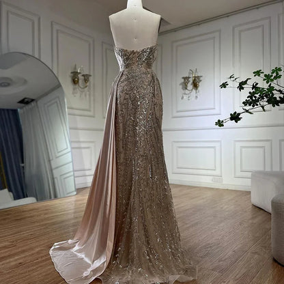 Serene Hill Arabic Nude Satin Mermaid Beaded Luxury Dubai Evening Gown with Side Skirt for Women&