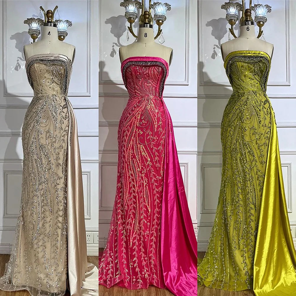Serene Hill Arabic Nude Satin Mermaid Beaded Luxury Dubai Evening Gown with Side Skirt for Women&