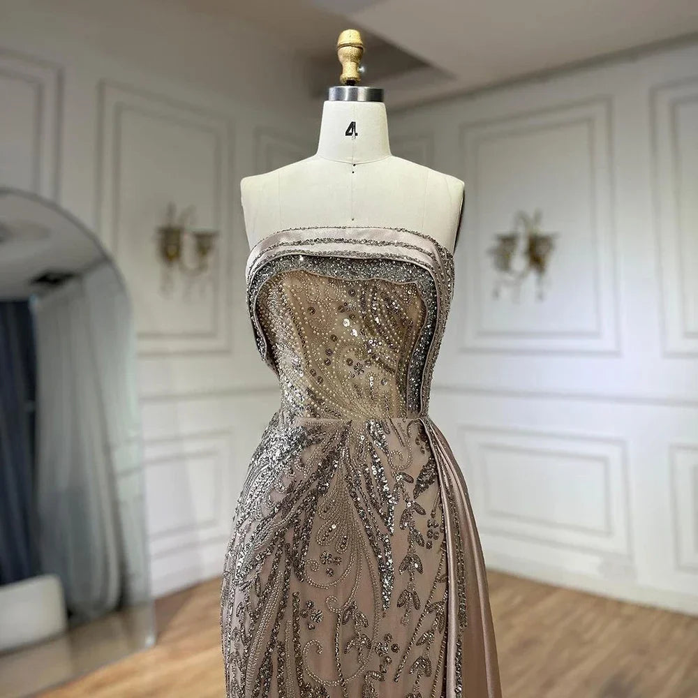 Serene Hill Arabic Nude Satin Mermaid Beaded Luxury Dubai Evening Gown with Side Skirt for Women&
