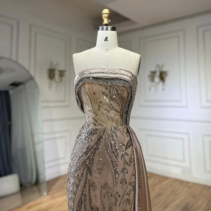 Serene Hill Arabic Nude Satin Mermaid Beaded Luxury Dubai Evening Gown with Side Skirt for Women&