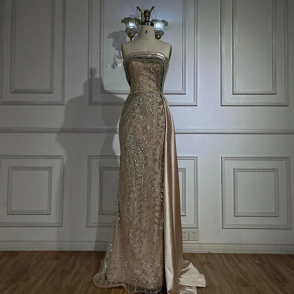 Serene Hill Arabic Nude Satin Mermaid Beaded Luxury Dubai Evening Gown with Side Skirt for Women&
