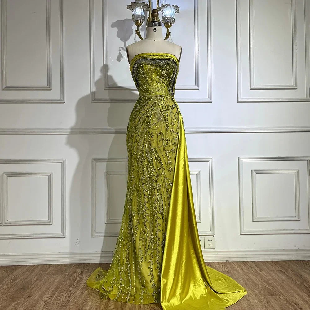 Serene Hill Arabic Nude Satin Mermaid Beaded Luxury Dubai Evening Gown with Side Skirt for Women&