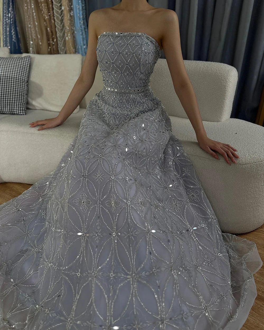 Luxury Dubai Arabic Gray A Line Elegant Beaded Long Evening Dresses Gowns for Formal Occasion LA72755 - SERENE HILL