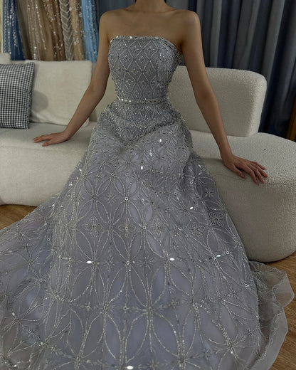 Luxury Dubai Arabic Gray A Line Elegant Beaded Long Evening Dresses Gowns for Formal Occasion LA72755 - SERENE HILL