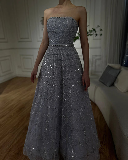 Luxury Dubai Arabic Gray A Line Elegant Beaded Long Evening Dresses Gowns for Formal Occasion LA72755 - SERENE HILL