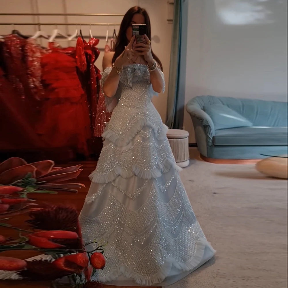 Luxury Dubai Arabic Gray A-Line Off-The-Shoulder Beaded Luxury Saudi Evening Gown for Formal Occasion LA72762 - SERENE HILL