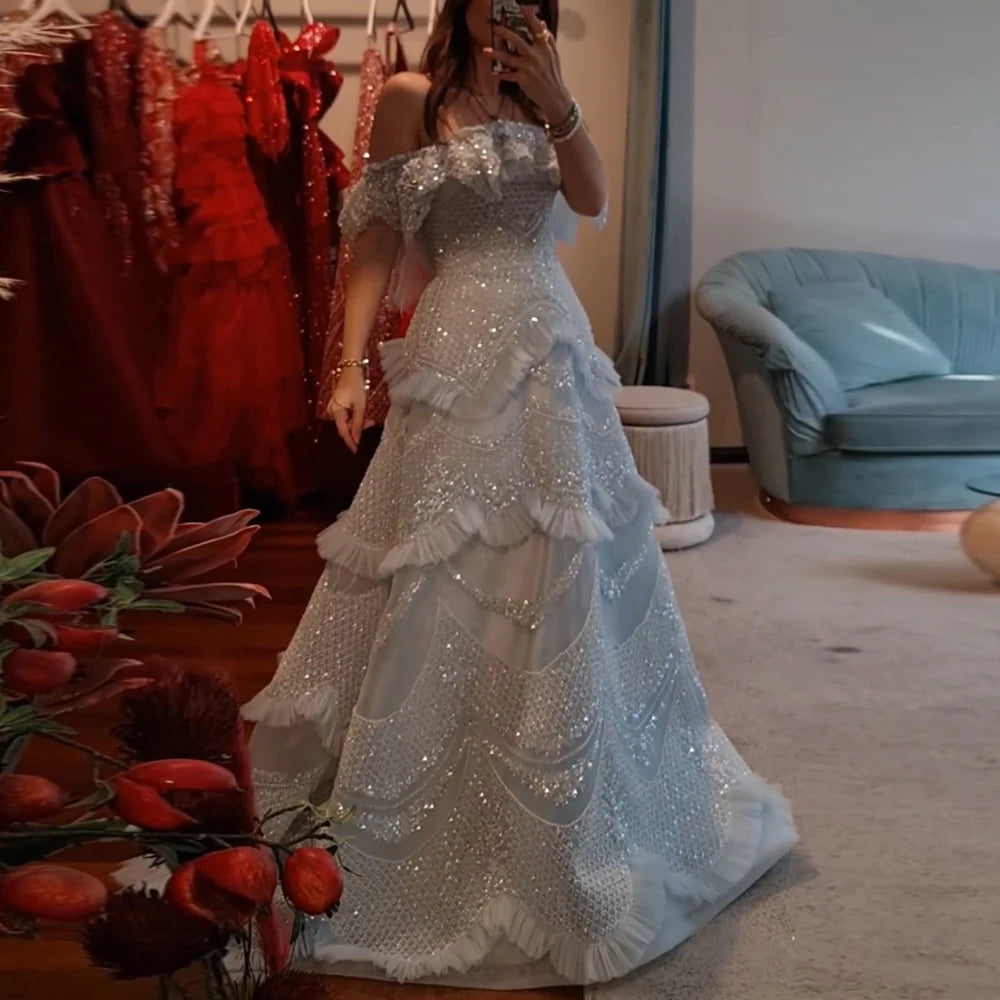 Luxury Dubai Arabic Gray A-Line Off-The-Shoulder Beaded Luxury Saudi Evening Gown for Formal Occasion LA72762 - SERENE HILL