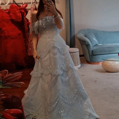 Luxury Dubai Arabic Gray A-Line Off-The-Shoulder Beaded Luxury Saudi Evening Gown for Formal Occasion LA72762 - SERENE HILL