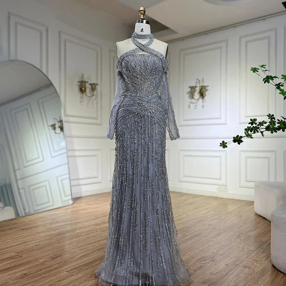 Serene Hill 2025 Arabic Gray Decorative Halter Mermaid Luxury Dubai Evening Gown Beaded Dress for Women&
