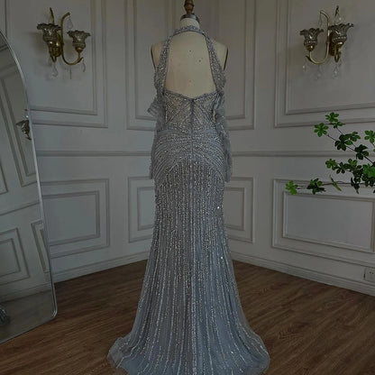 Serene Hill 2025 Arabic Gray Decorative Halter Mermaid Luxury Dubai Evening Gown Beaded Dress for Women&