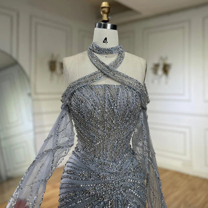 Serene Hill 2025 Arabic Gray Decorative Halter Mermaid Luxury Dubai Evening Gown Beaded Dress for Women&
