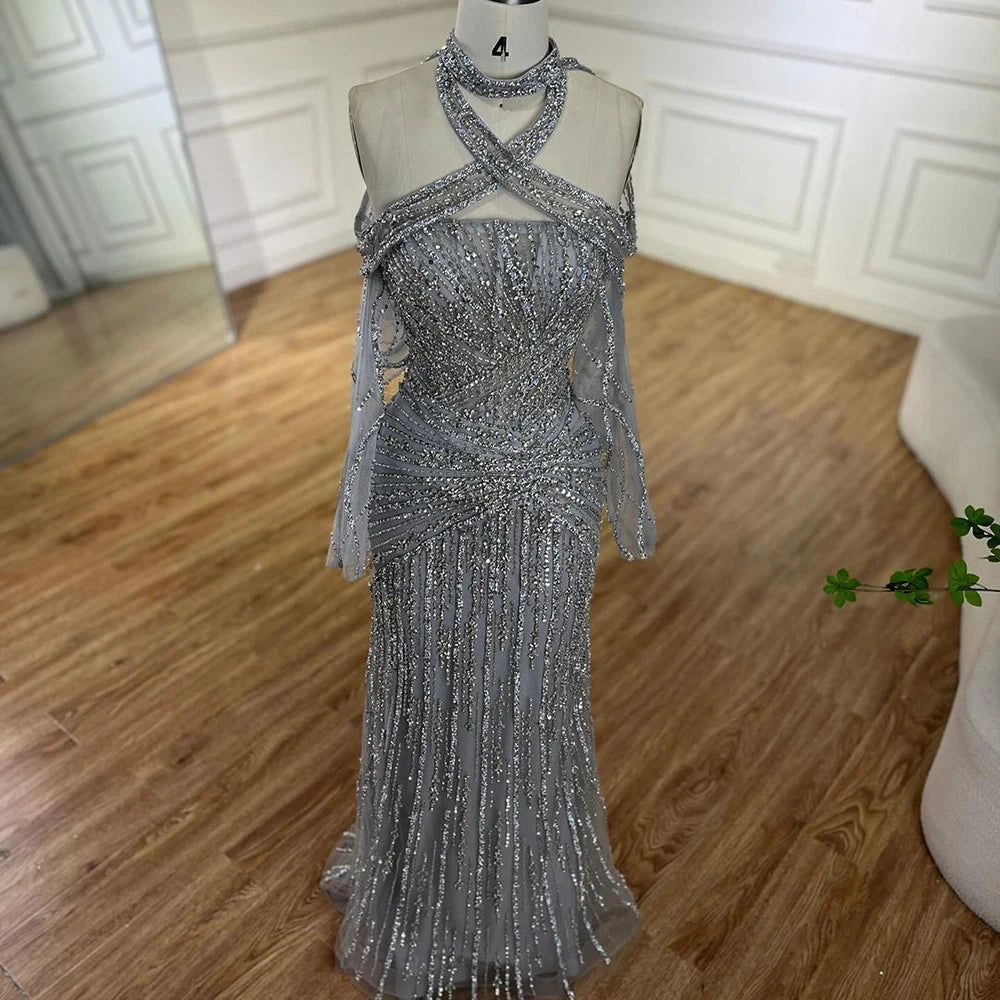 Serene Hill 2025 Arabic Gray Decorative Halter Mermaid Luxury Dubai Evening Gown Beaded Dress for Women&