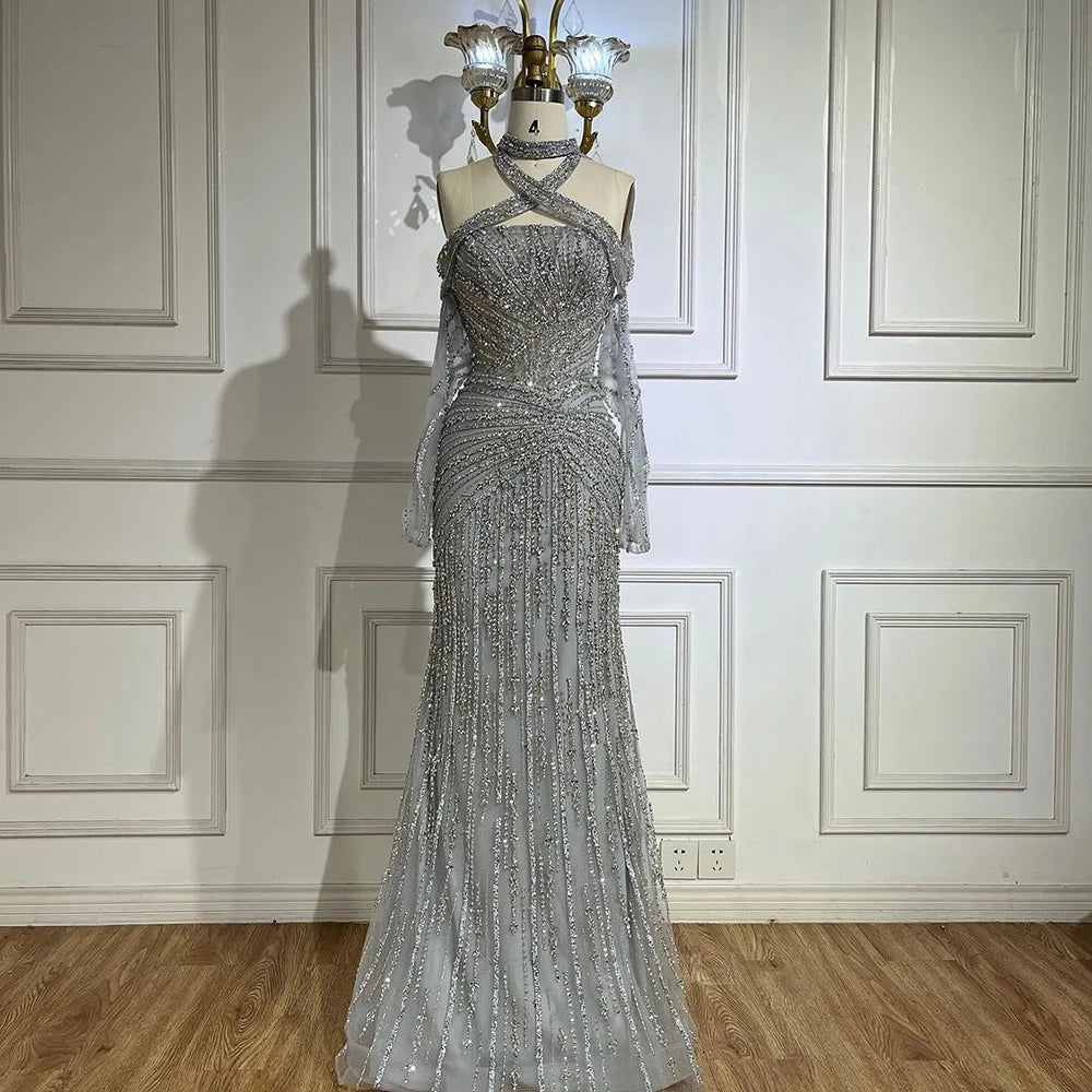 Serene Hill 2025 Arabic Gray Decorative Halter Mermaid Luxury Dubai Evening Gown Beaded Dress for Women&