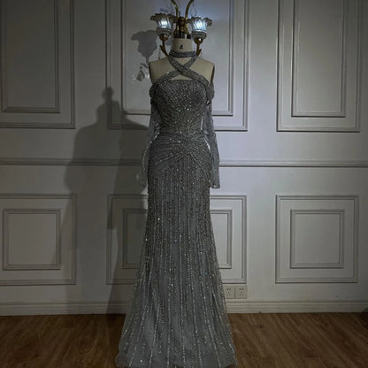 Serene Hill 2025 Arabic Gray Decorative Halter Mermaid Luxury Dubai Evening Gown Beaded Dress for Women&