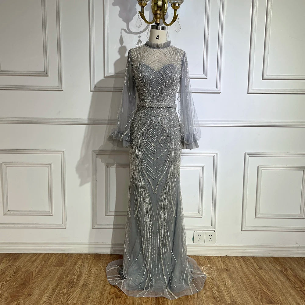 Modest Gray High Neck Mermaid Evening Dress with Long Sleeves LA71690A - SERENE HILL