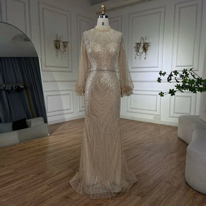 Modest Gray High Neck Mermaid Evening Dress with Long Sleeves LA71690A - SERENE HILL