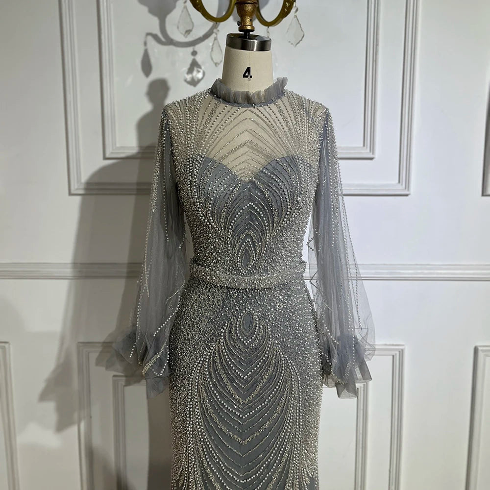 Modest Gray High Neck Mermaid Evening Dress with Long Sleeves LA71690A - SERENE HILL