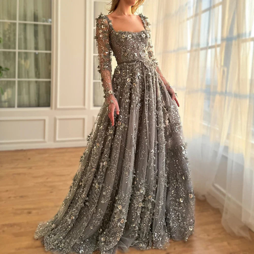 Luxury Arabic Gray A Line Elegant 3D Flower Evening Dress Long Sleeve LA72657 - SERENE HILL