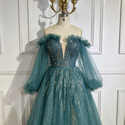 Serene Hill 2025 Arabic Green A-Line Elegant Beaded Luxury Evening Gowns with Puff Sleeves for Women Party LA72655 - SERENE HILL