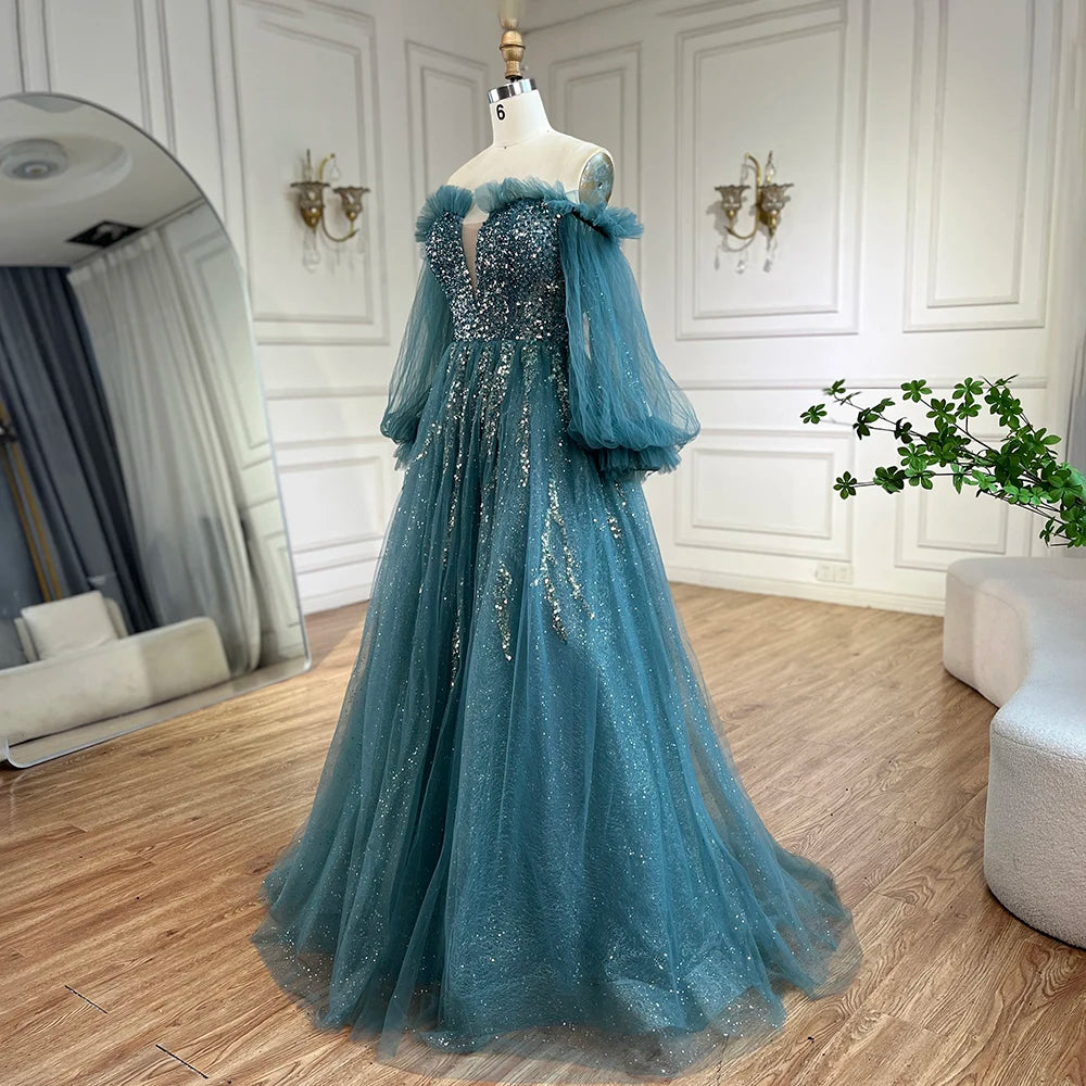 Serene Hill 2025 Arabic Green A-Line Elegant Beaded Luxury Evening Gowns with Puff Sleeves for Women Party LA72655 - SERENE HILL