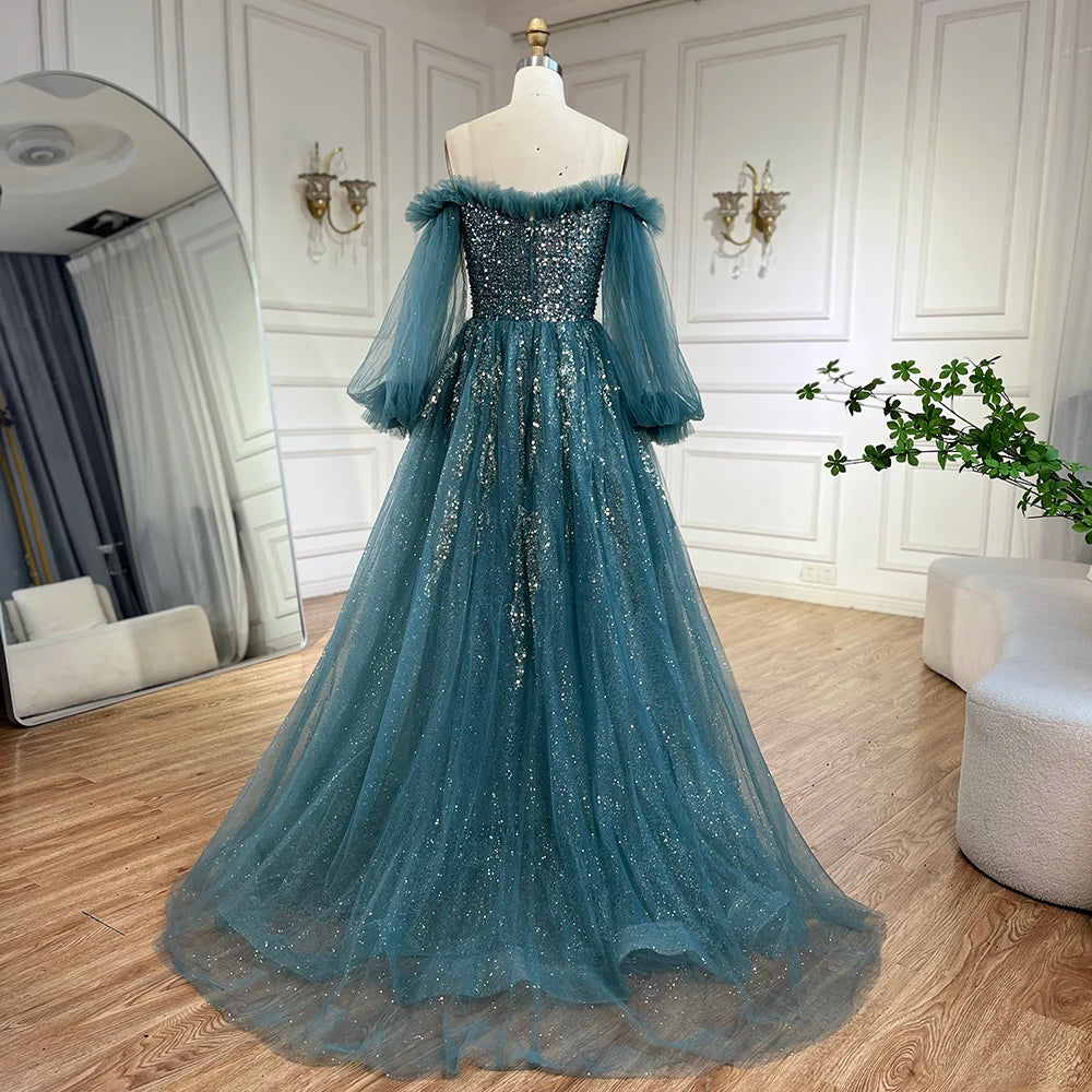 Serene Hill 2025 Arabic Green A-Line Elegant Beaded Luxury Evening Gowns with Puff Sleeves for Women Party LA72655 - SERENE HILL