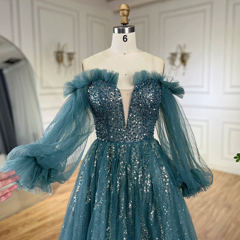 Serene Hill 2025 Arabic Green A-Line Elegant Beaded Luxury Evening Gowns with Puff Sleeves for Women Party LA72655 - SERENE HILL