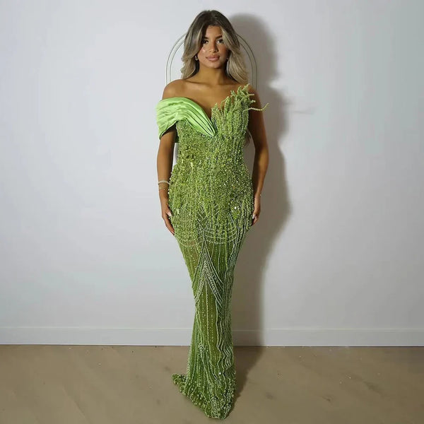 Luxury Dubai  Arabic Green Mermaid Elegant One Shoulder Beaded Long Evening Dresses Gowns for Formal Occasion LA72650