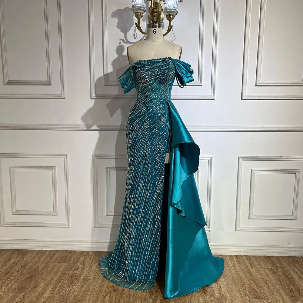 Serene Hill 2025 Arabic Green Mermaid Overskirt Luxury Beaded Long Evening Gowns with Split for Women Wedding Party LA72633 - SERENE HILL