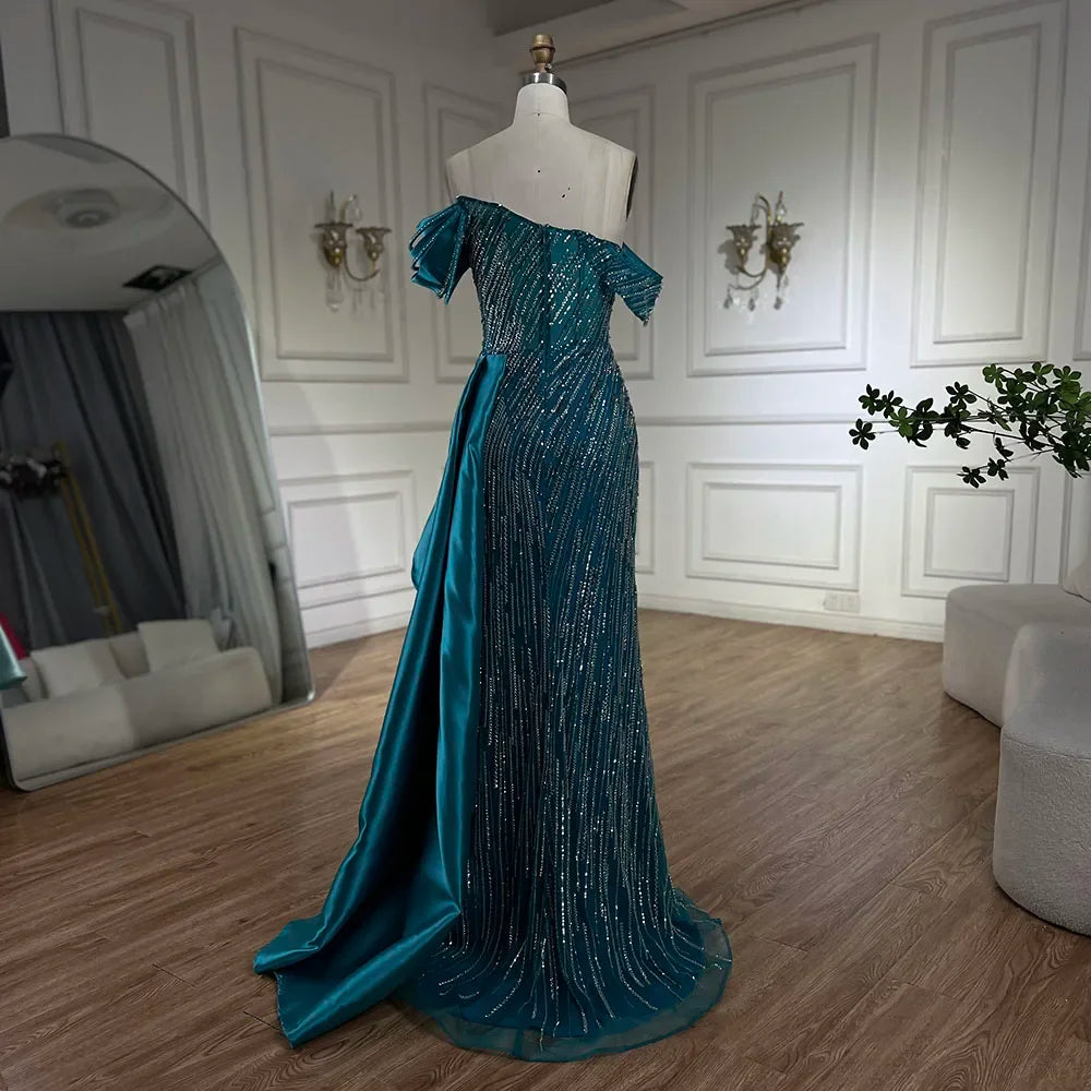 Serene Hill 2025 Arabic Green Mermaid Overskirt Luxury Beaded Long Evening Gowns with Split for Women Wedding Party LA72633 - SERENE HILL