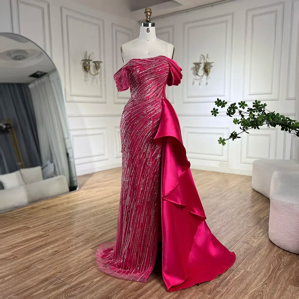 Serene Hill 2025 Arabic Green Mermaid Overskirt Luxury Beaded Long Evening Gowns with Split for Women Wedding Party LA72633 - SERENE HILL