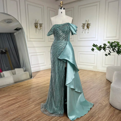 Serene Hill 2025 Arabic Green Mermaid Overskirt Luxury Beaded Long Evening Gowns with Split for Women Wedding Party LA72633 - SERENE HILL