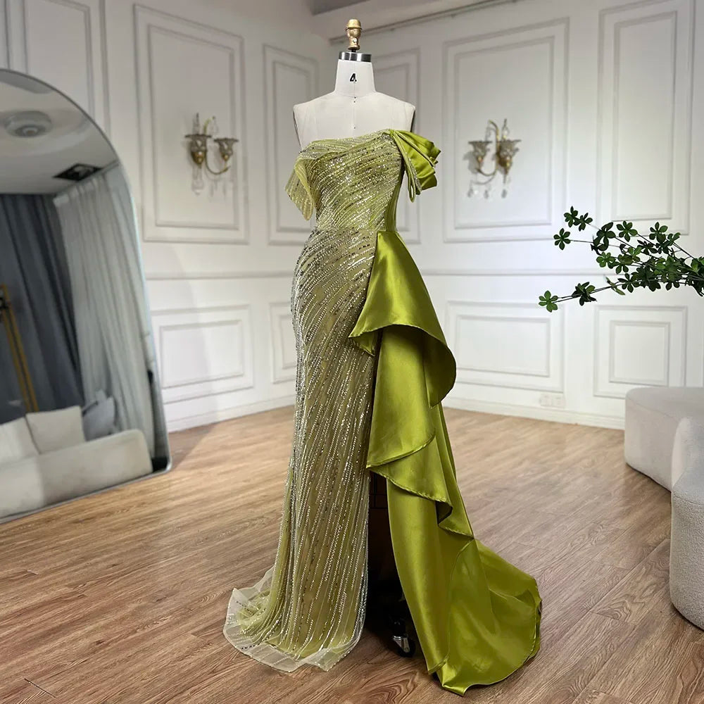 Serene Hill 2025 Arabic Green Mermaid Overskirt Luxury Beaded Long Evening Gowns with Split for Women Wedding Party LA72633 - SERENE HILL